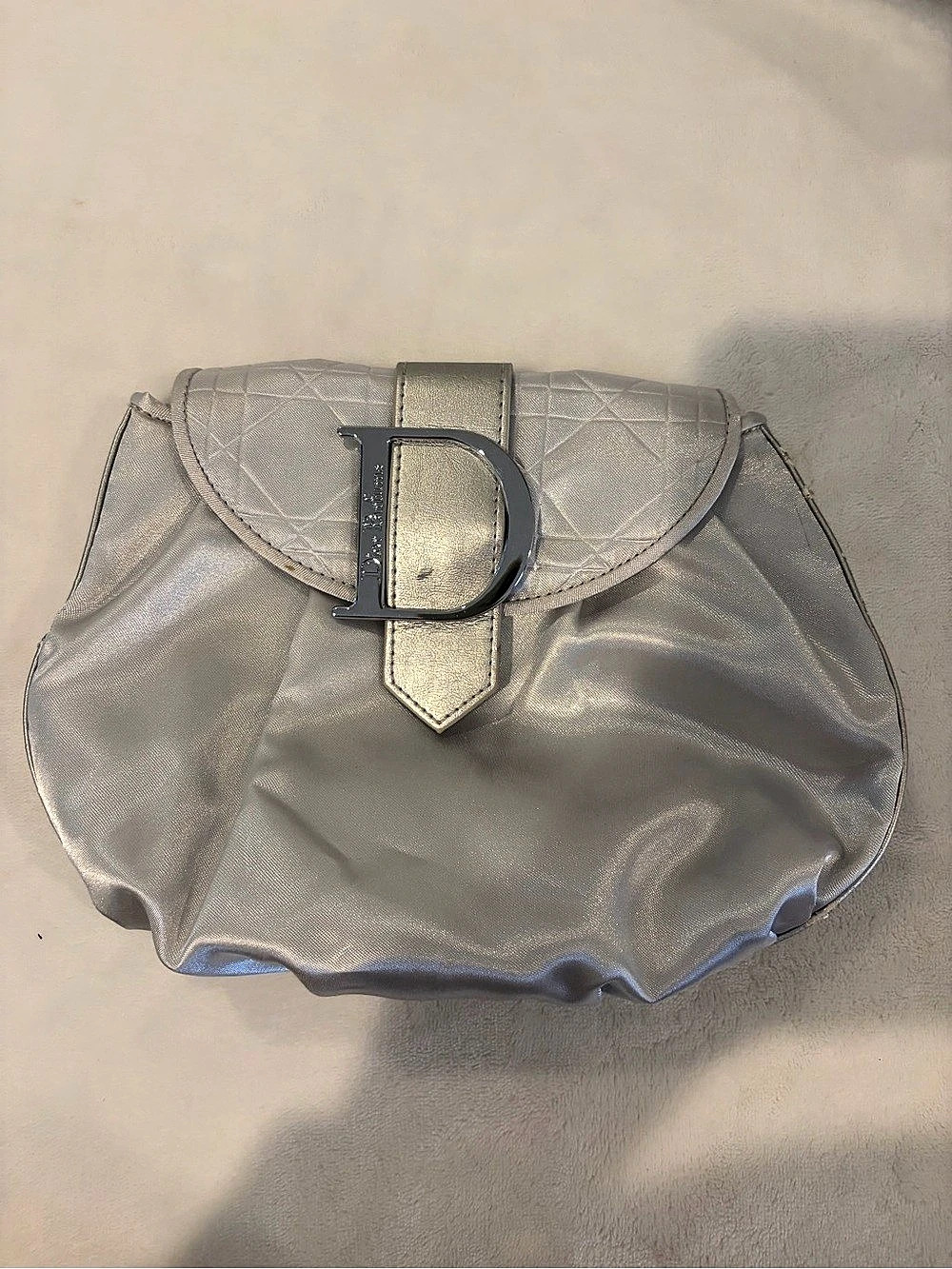 Dior Parfums Silver Satin Flap Clutch Pouch